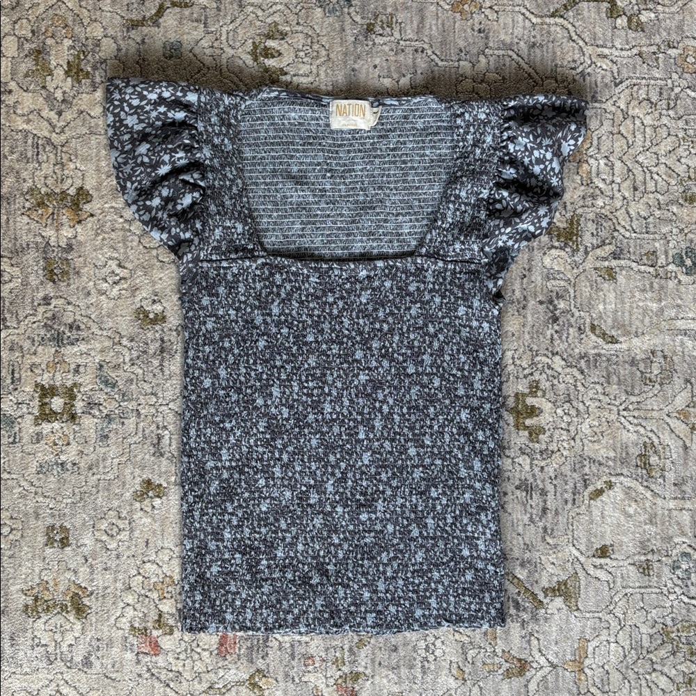 Nation LTD Black and Light Blue Flutter Sleeve Short Sleeve Tee